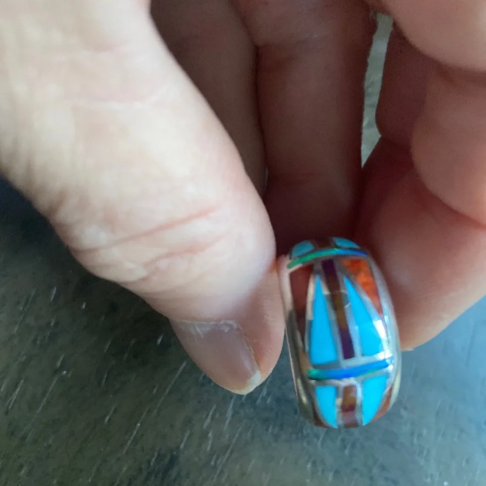 Turquoise Coral Opal Inlayed Sterling Silver Band Ring size 9 - Picture 4 of 6